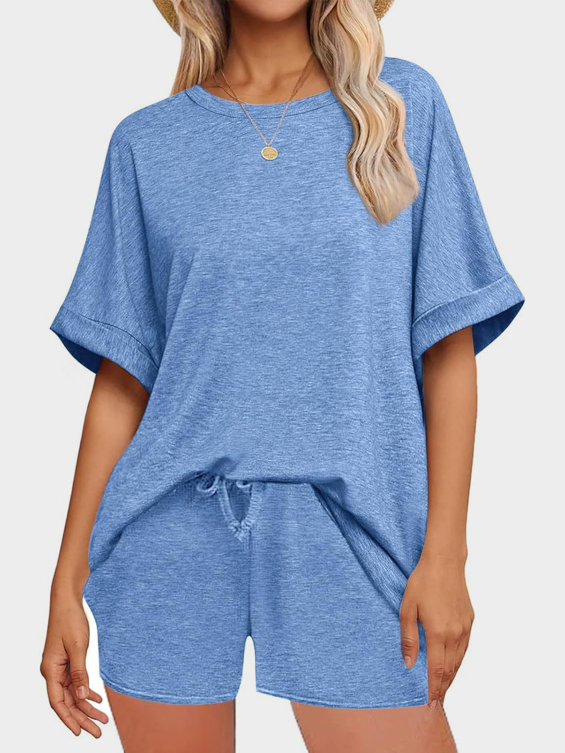 Round Neck T-Shirt and Drawstring Shorts Set