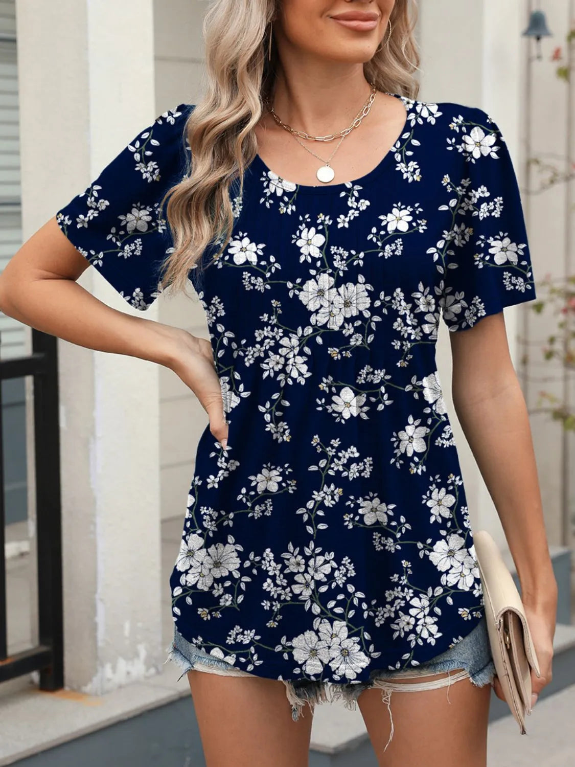 Floral Round Neck Short Sleeve Top