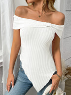 Ribbed Off-Shoulder Asymmetrical Hem T-Shirt