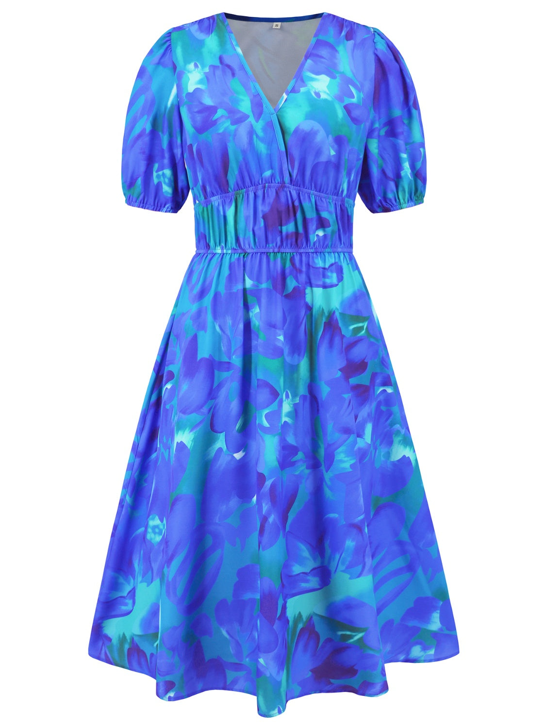 Ruched Printed Surplice Short Sleeve Dress - felvior