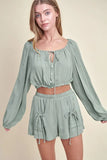 MABLE Gauze Long Sleeve Button Crop Top and Short Set - felvior