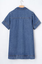 Short Sleeve Collared Patched Pocket Denim Mini Dress