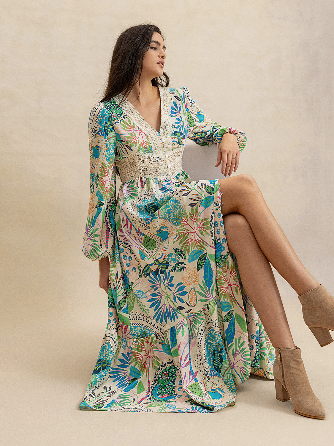 Slit Printed V-Neck Long Sleeve Midi Dress Secondary image