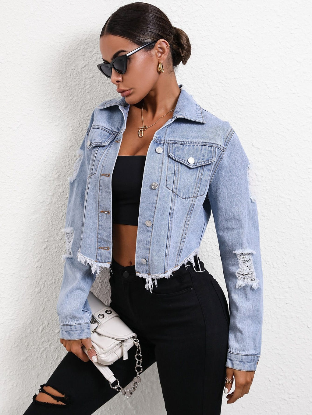 Distressed Raw Hem Button Up Denim Jacket