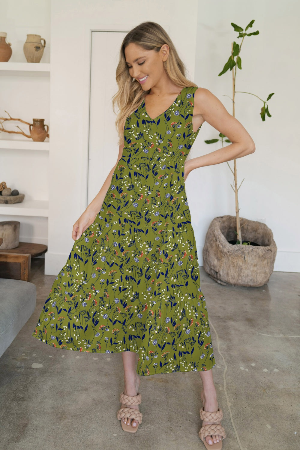 FAM-FAM Tiered Printed V-Neck Sleeveless Dress - felvior