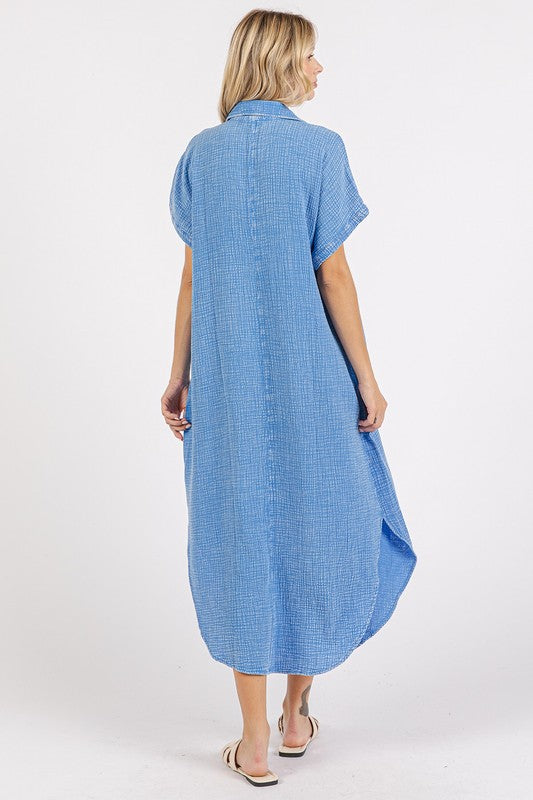 Mittoshop Mineral Wash V Neck Button Up Midi Shirt Dress - felvior