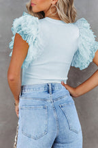 Ruffled Round Neck Cap Sleeve Top