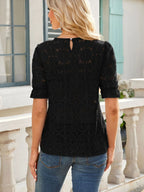 Openwork Round Neck Short Sleeve Top
