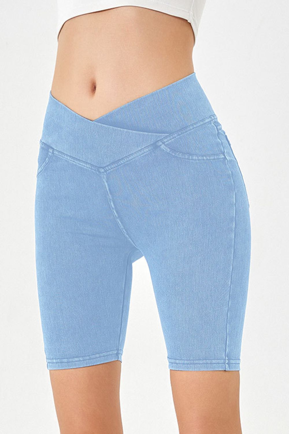 Basic Bae Asymmetrical Waist Denim Shorts with Pockets - felvior