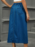 Slit Button Detail Denim Midi Skirt