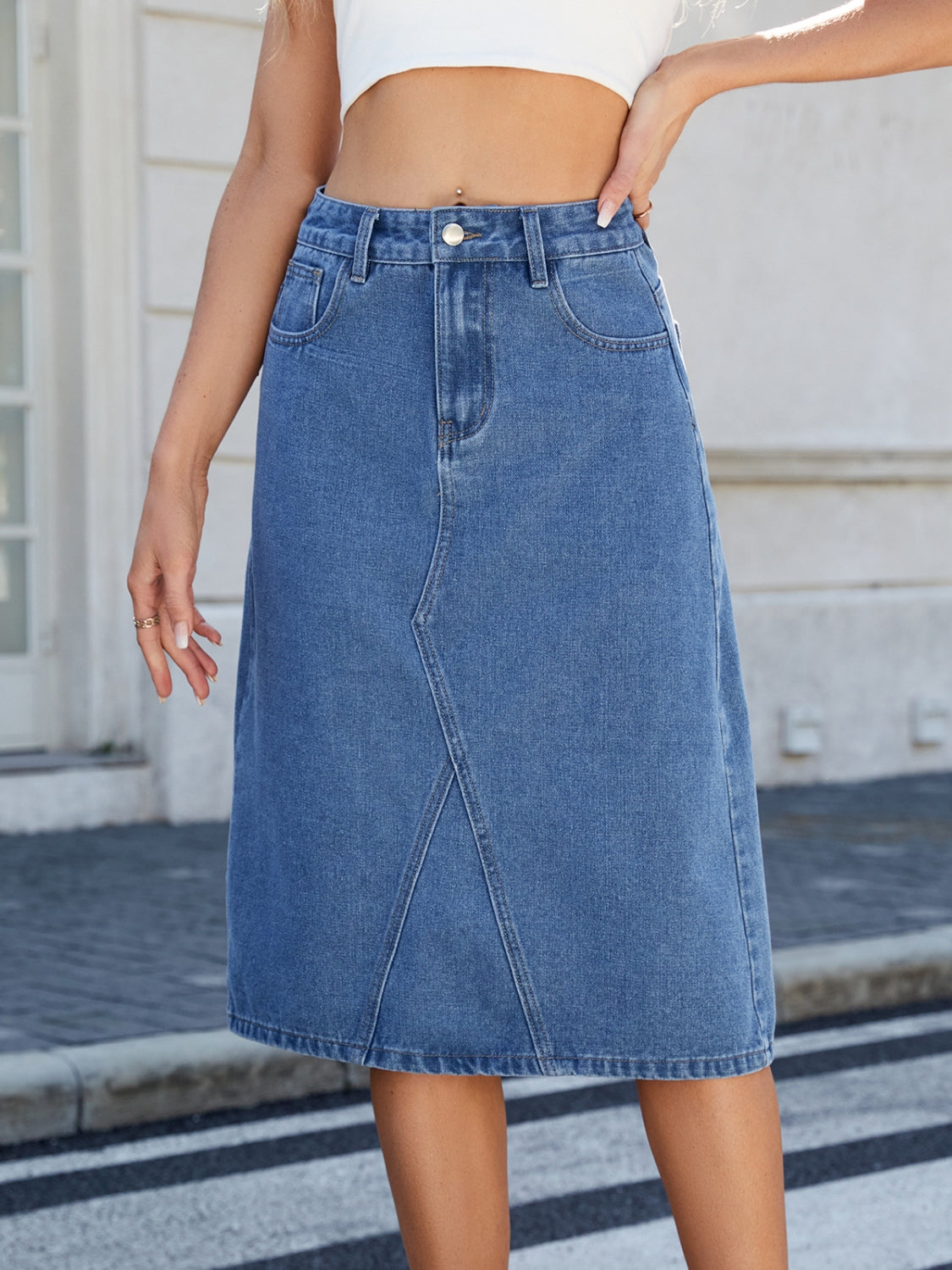 Slit Back Midi Denim Skirt
