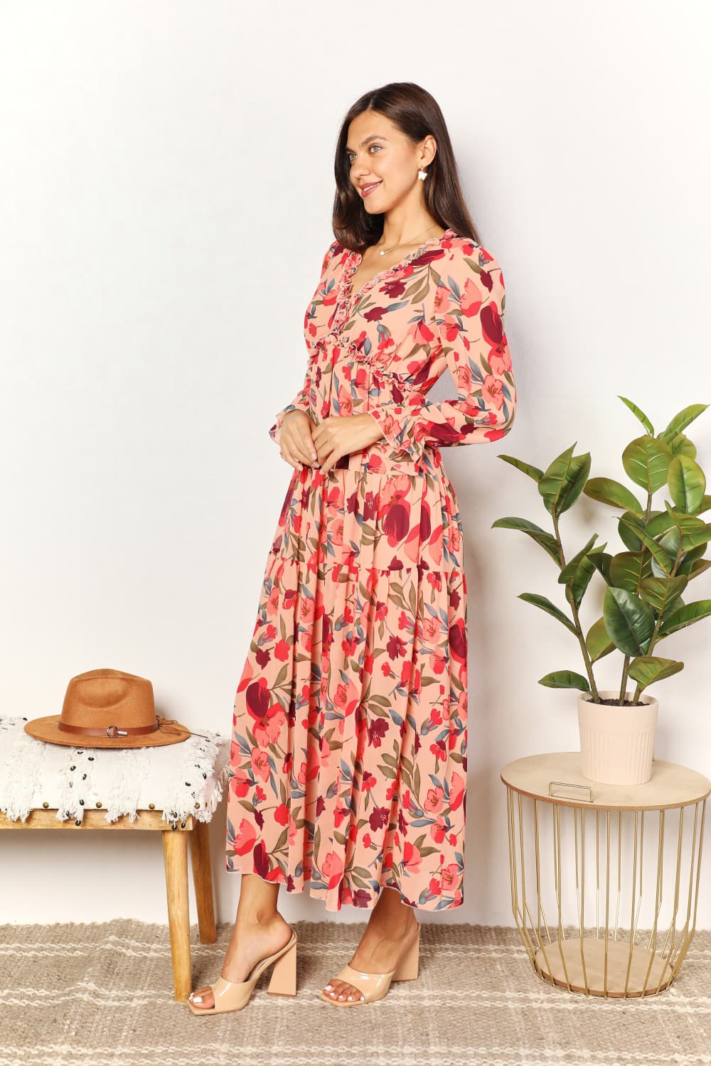 Double Take Floral Frill Trim Flounce Sleeve Plunge Maxi Dress - felvior