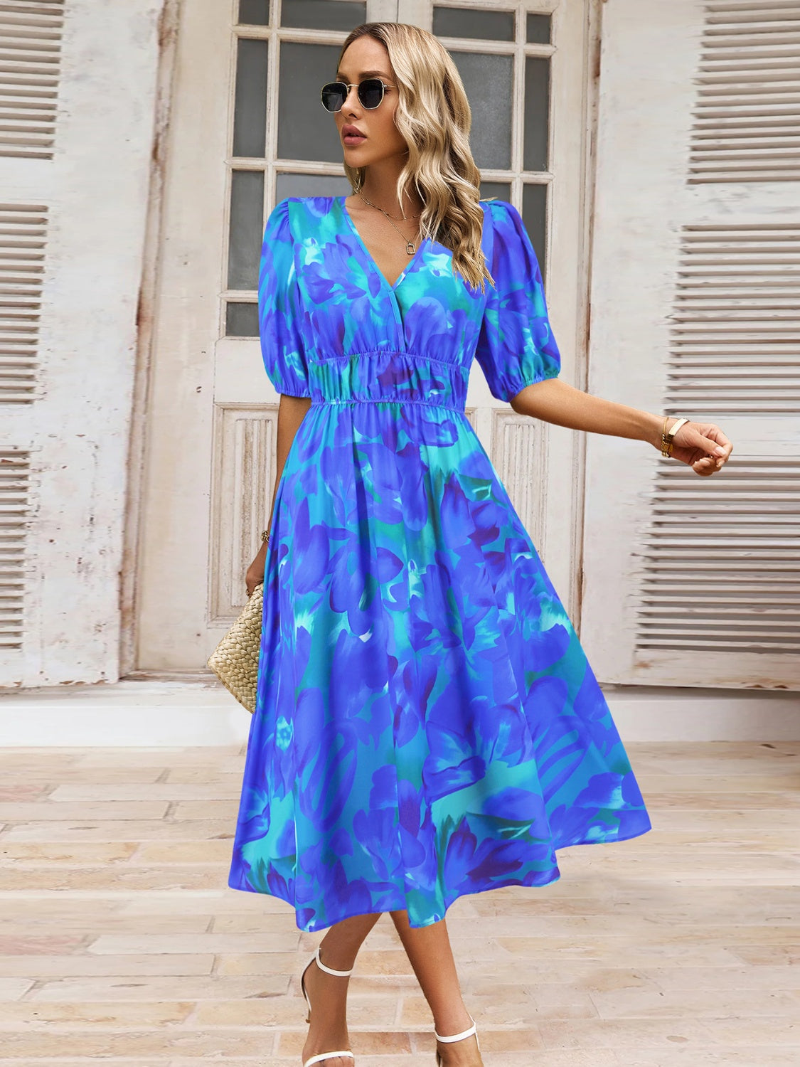 Ruched Printed Surplice Short Sleeve Dress - felvior