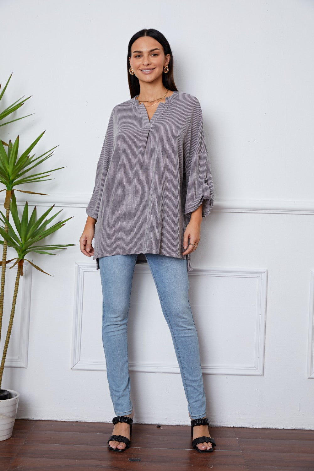 Notched Roll-Tab Sleeve Blouse - felvior