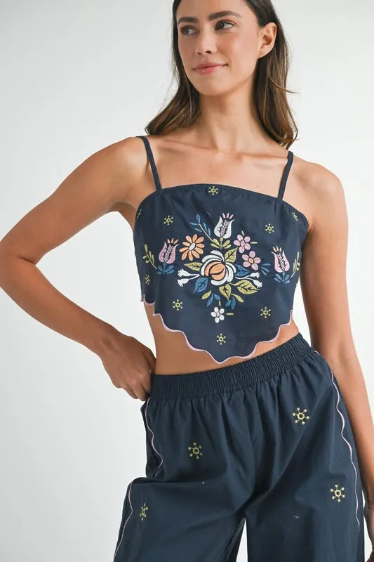 MABLE Linen Embroidered Scarf Top and Pants Set - felvior