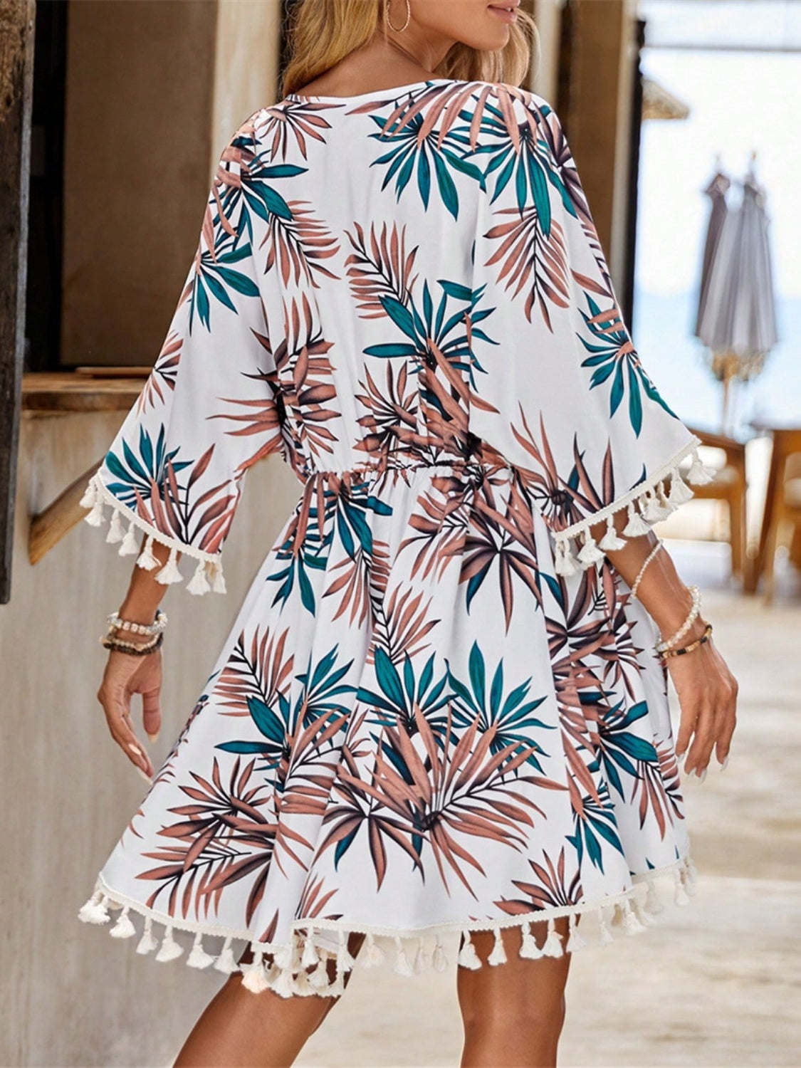 Tassel Tied Printed Half Sleeve Cover Up - felvior