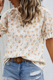 Frill Printed Notched Short Sleeve Blouse - felvior