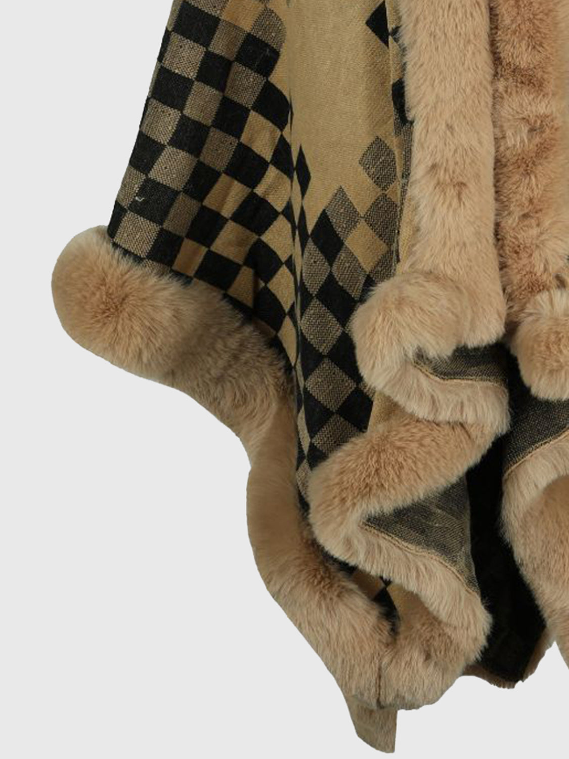 Checkered Faux Fur Trim Poncho - felvior