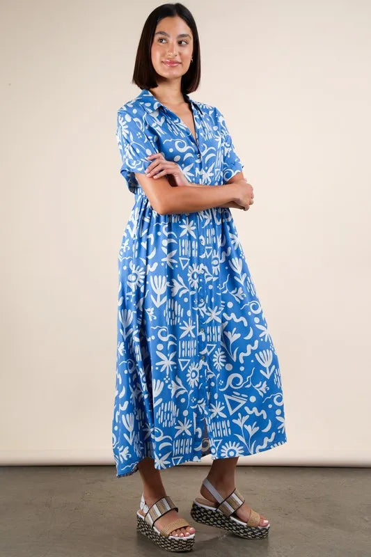 VERY J Plus Size Oversized Printed Shirt Midi Dress