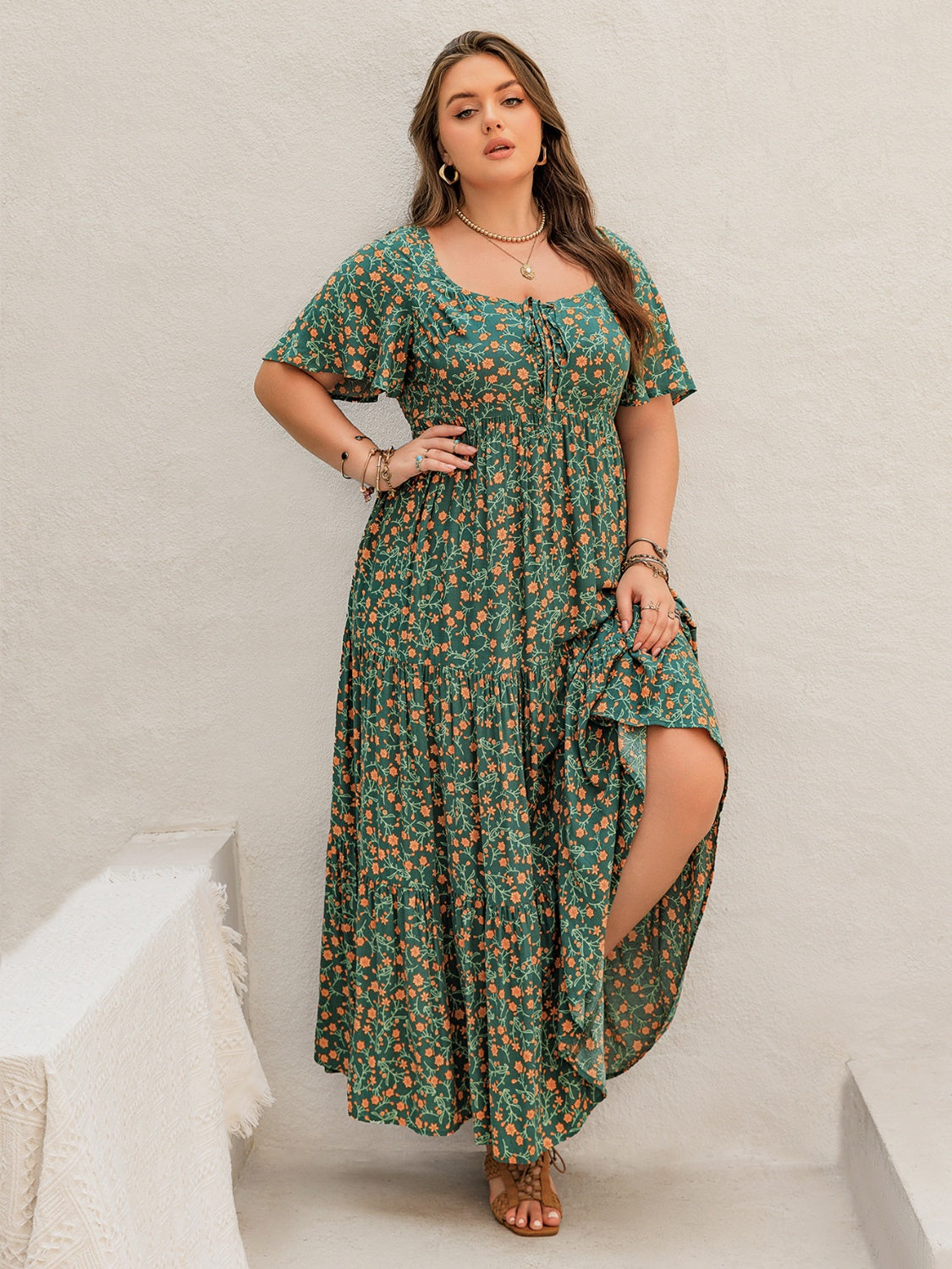 Plus Size Printed Short Sleeve Tiered Maxi Dress - felvior