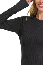 Zenana Ribbed Long Sleeve Round Neck T-Shirt