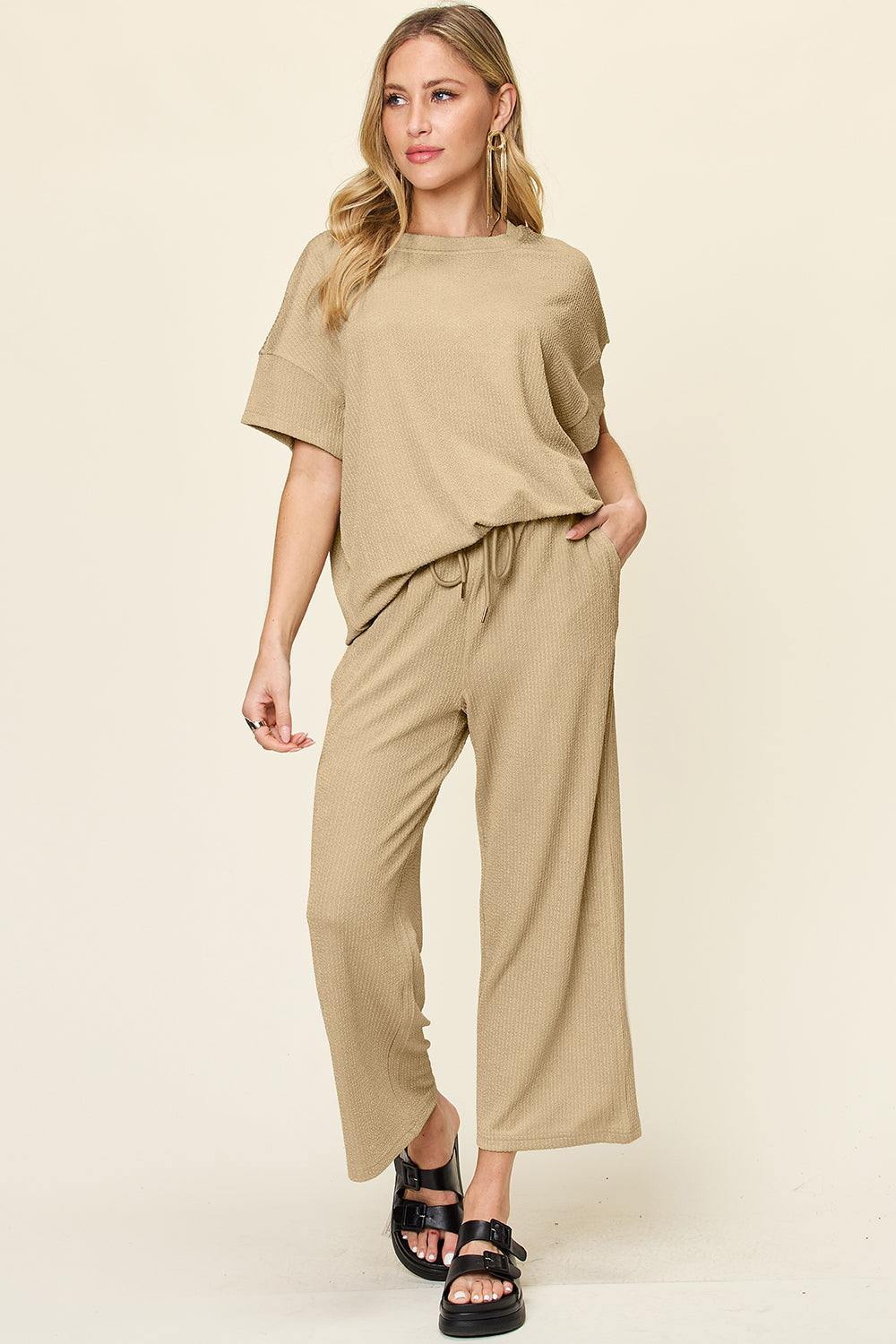 Double Take Full Size Texture Round Neck Short Sleeve T-Shirt and Wide Leg Pants - felvior