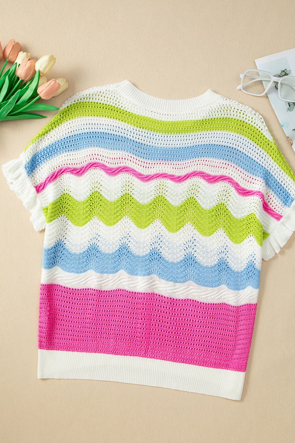 Color Block Crochet Ruffled Short Sleeve Knit Top - felvior