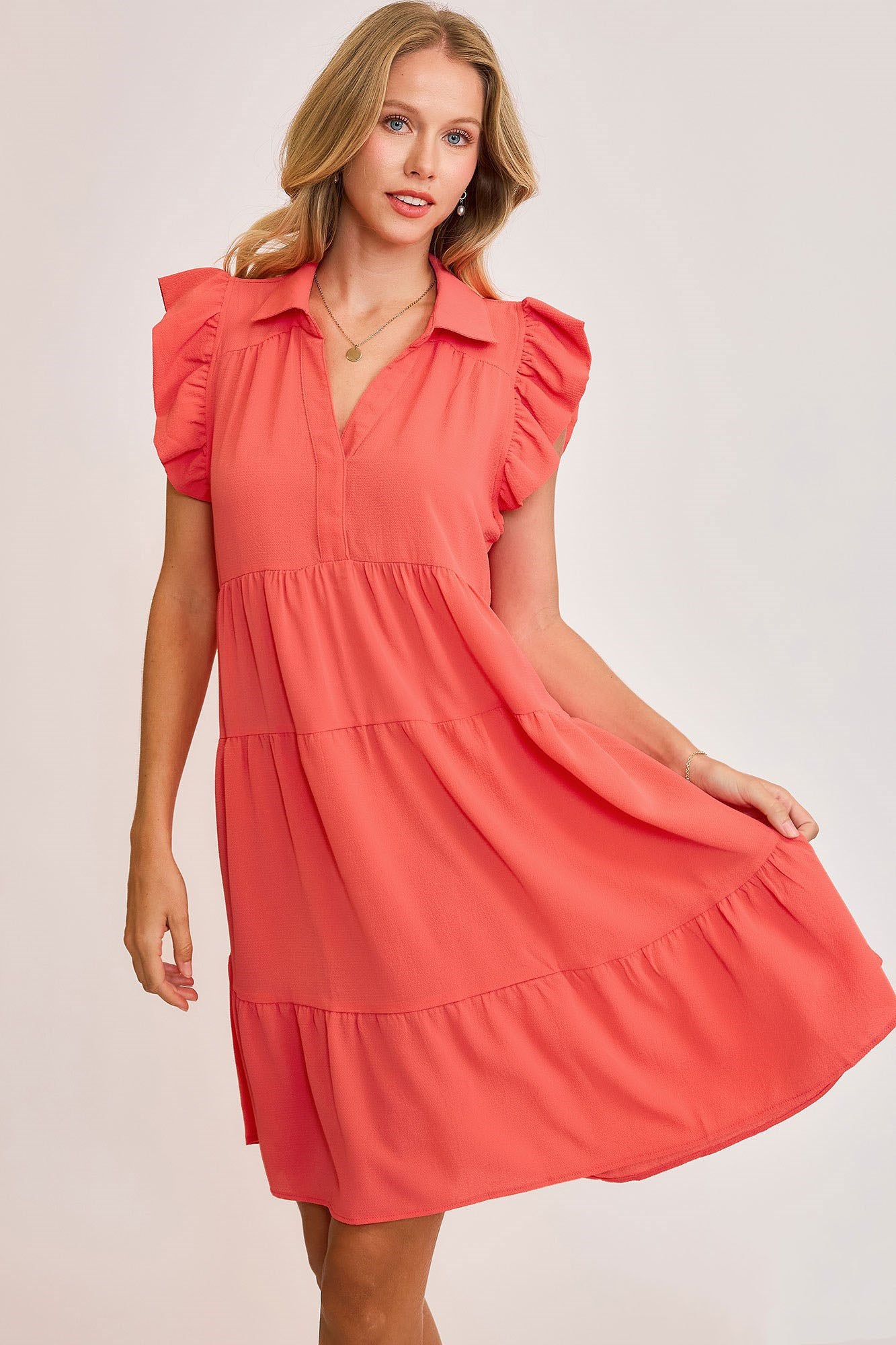 Umgee Full Size Johnny Collar Ruffle Cap Sleeve Tiered Dress Plus Size Main image