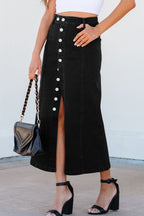 Button Fly Side Split Denim Midi Skirt
