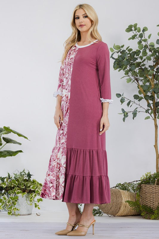 Celeste Full Size Contrast Tie Dye Ruffled Midi Dress Plus Size - felvior