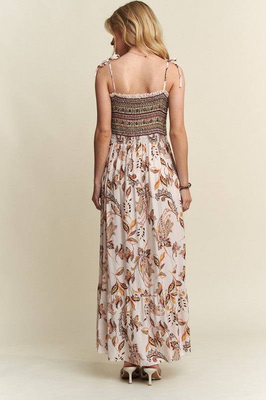 ADORA Smocked Printed Square Neck Tie Shoulder Cami Dress - felvior