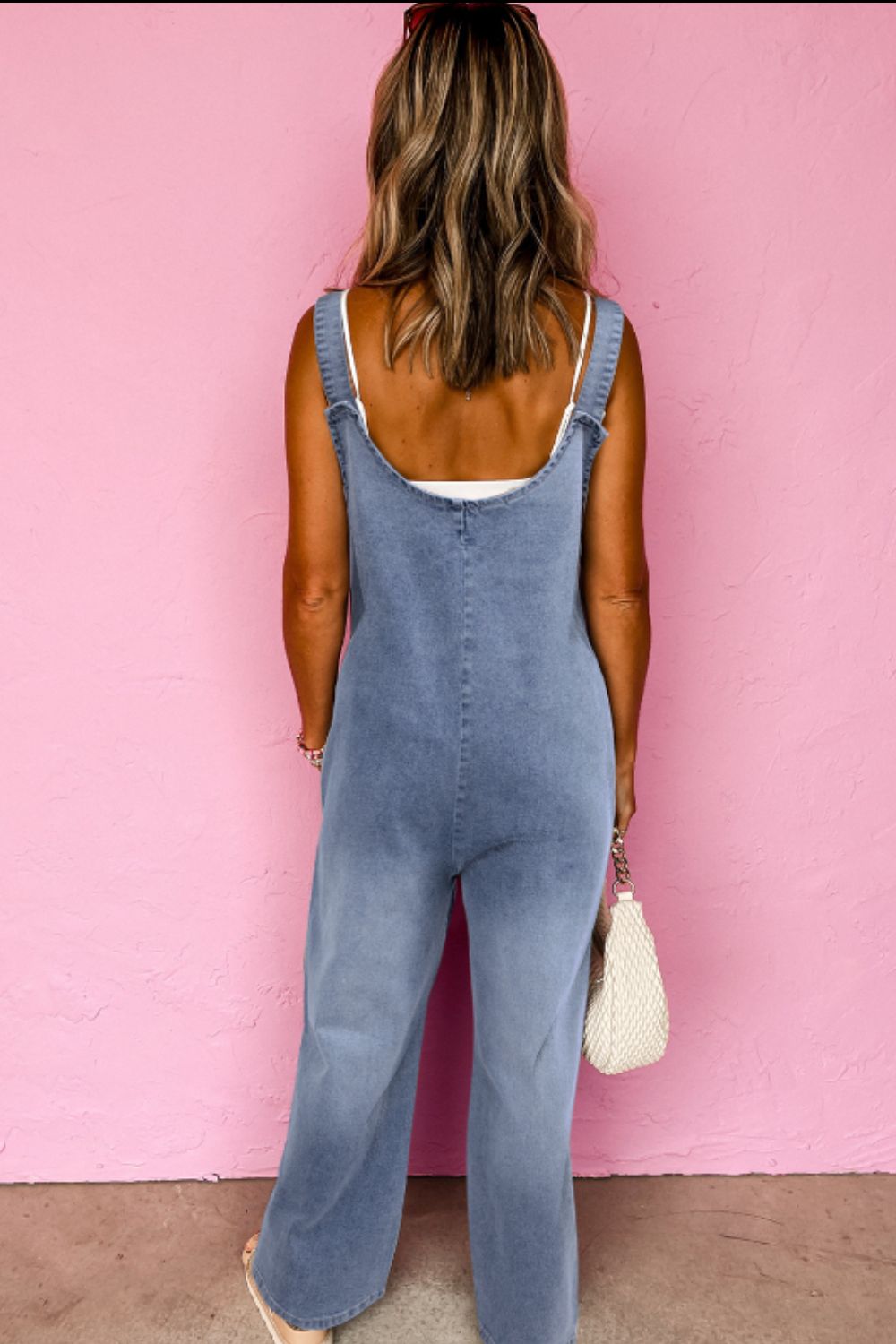 Wide Strap Denim Overalls with Pockets - felvior