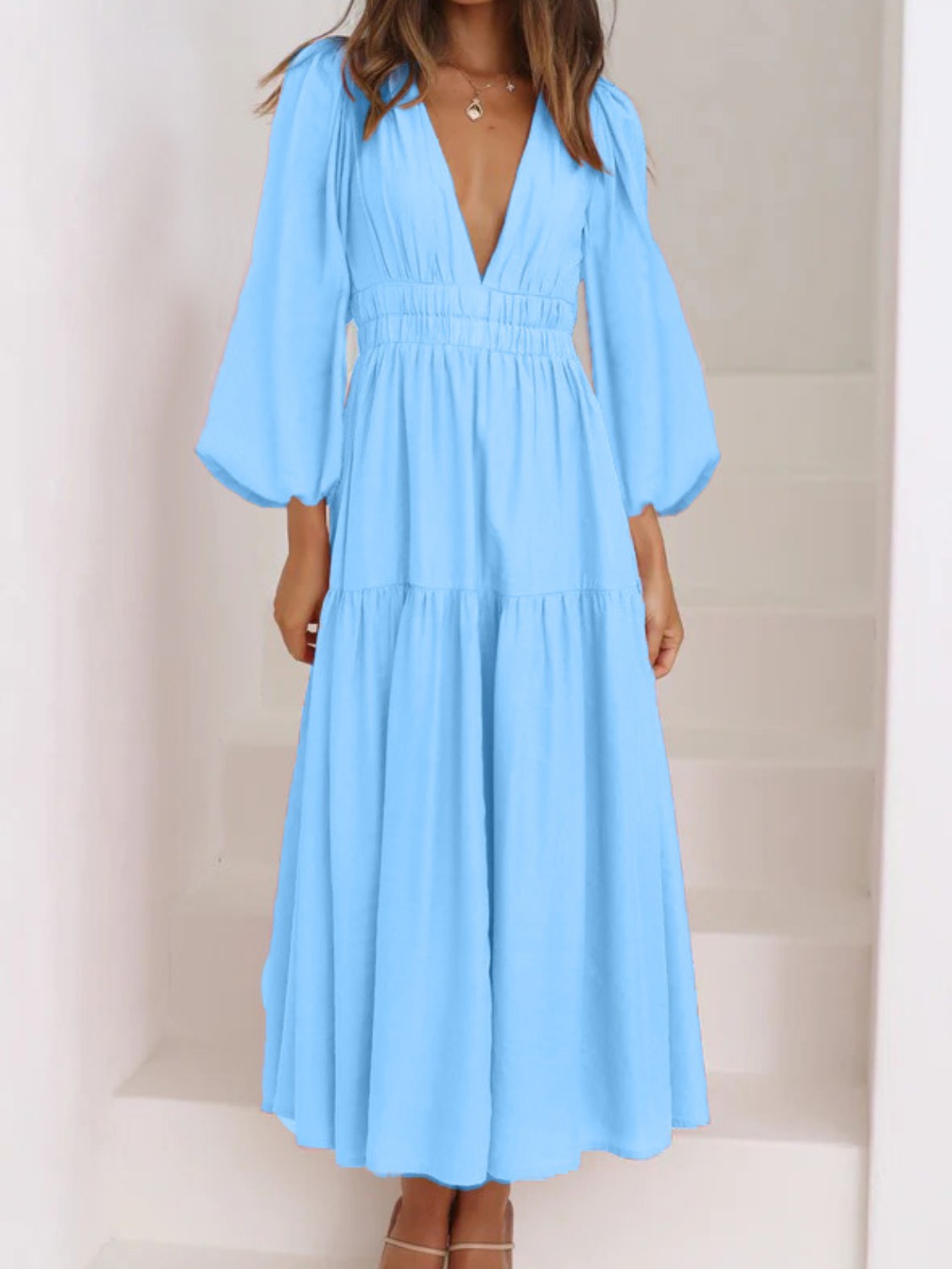 Deep V-Neck Balloon Sleeve Plain Maxi Dress - felvior