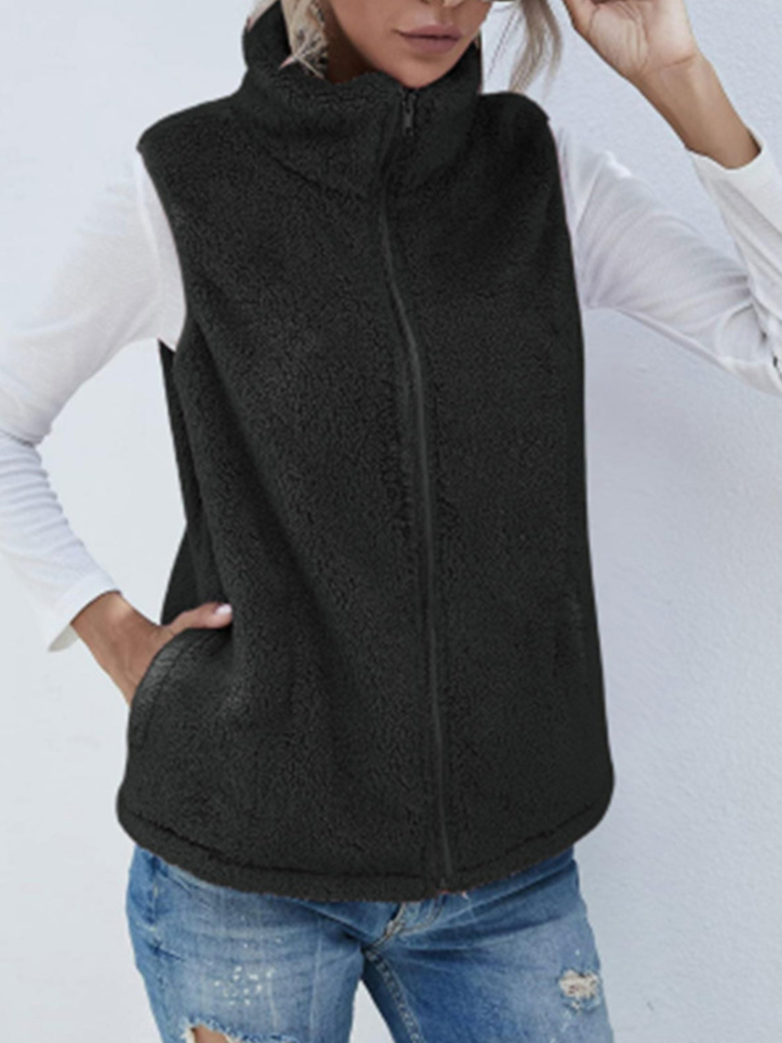 Full Size Fuzzy Zip Up Vest Coat with Pockets - felvior