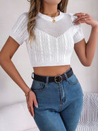 Cable Knit Openwork Round Neck Knit Top