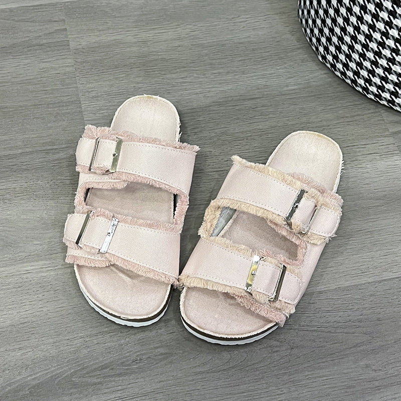 Raw Hem Open Toe Double Buckle Sandals - felvior
