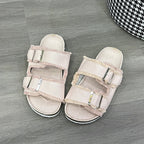Raw Hem Open Toe Double Buckle Sandals