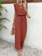 Lace Trim Round Neck Top and Pants Set