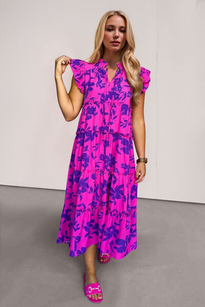 Oh Full Size Ruffled Printed Notched Cap Sleeve Midi Dress Hauptbild