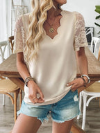 V-Neck Lace Short Sleeve T-Shirt