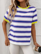 Contrast Striped Round Neck Short Sleeve T-Shirt