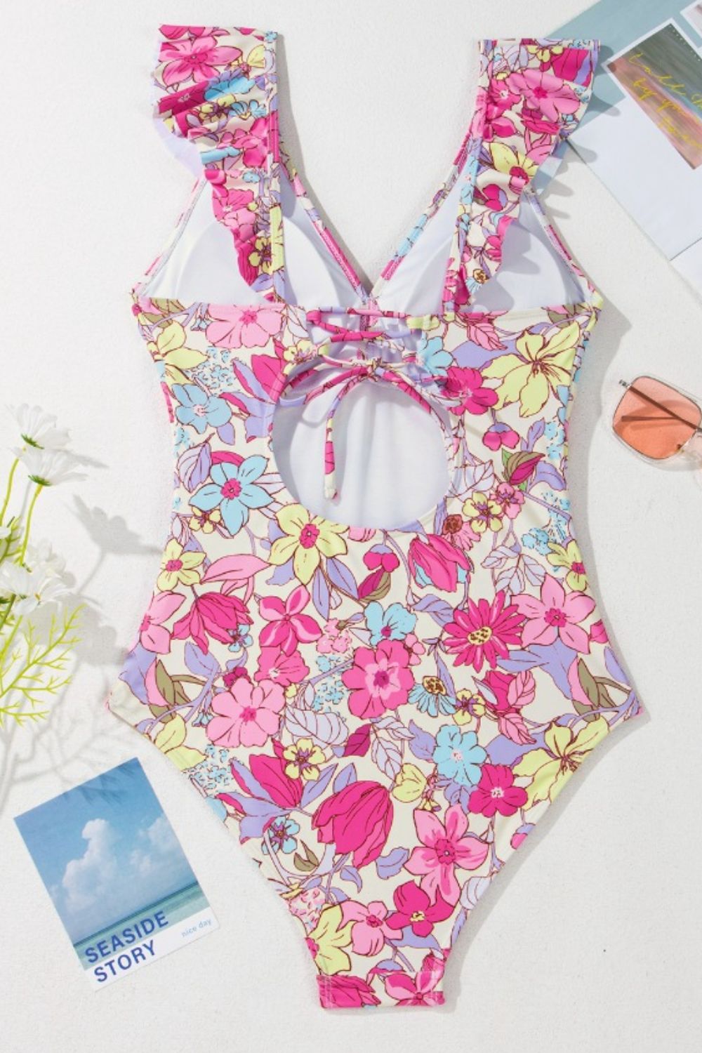Floral Ruffle Trim Tummy Control One Piece Swimsuit - felvior
