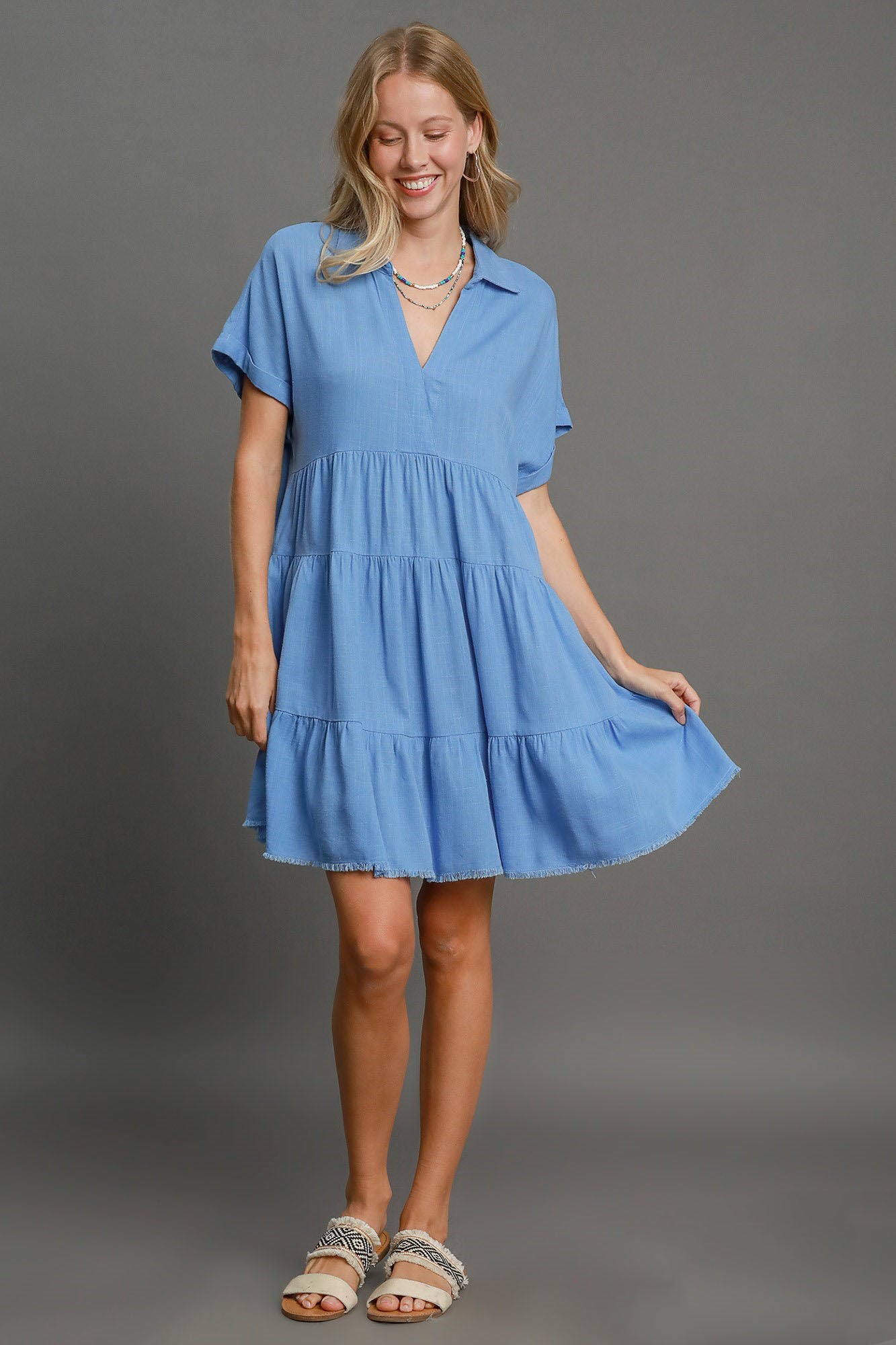 Umgee Full Size Raw Hem Folded Sleeve Tiered Dress Plus Size Main image