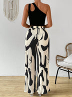 Cutout One Shoulder Top and Printed Pants Set