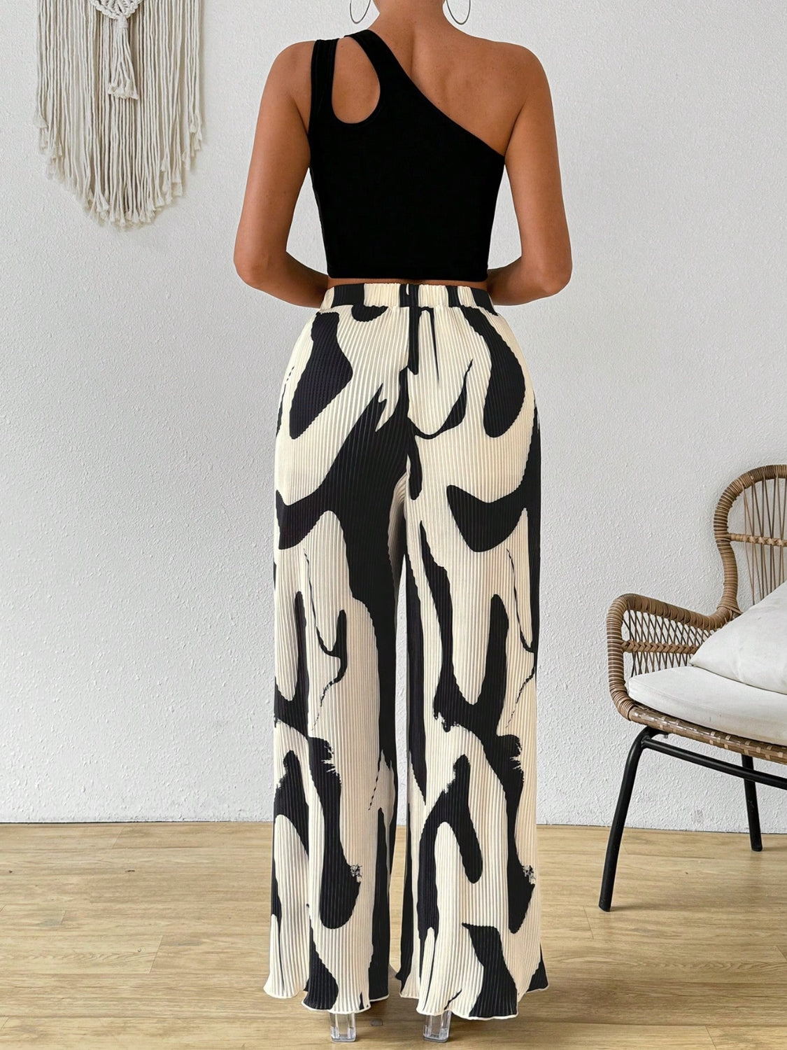 Cutout One Shoulder Top and Printed Pants Set