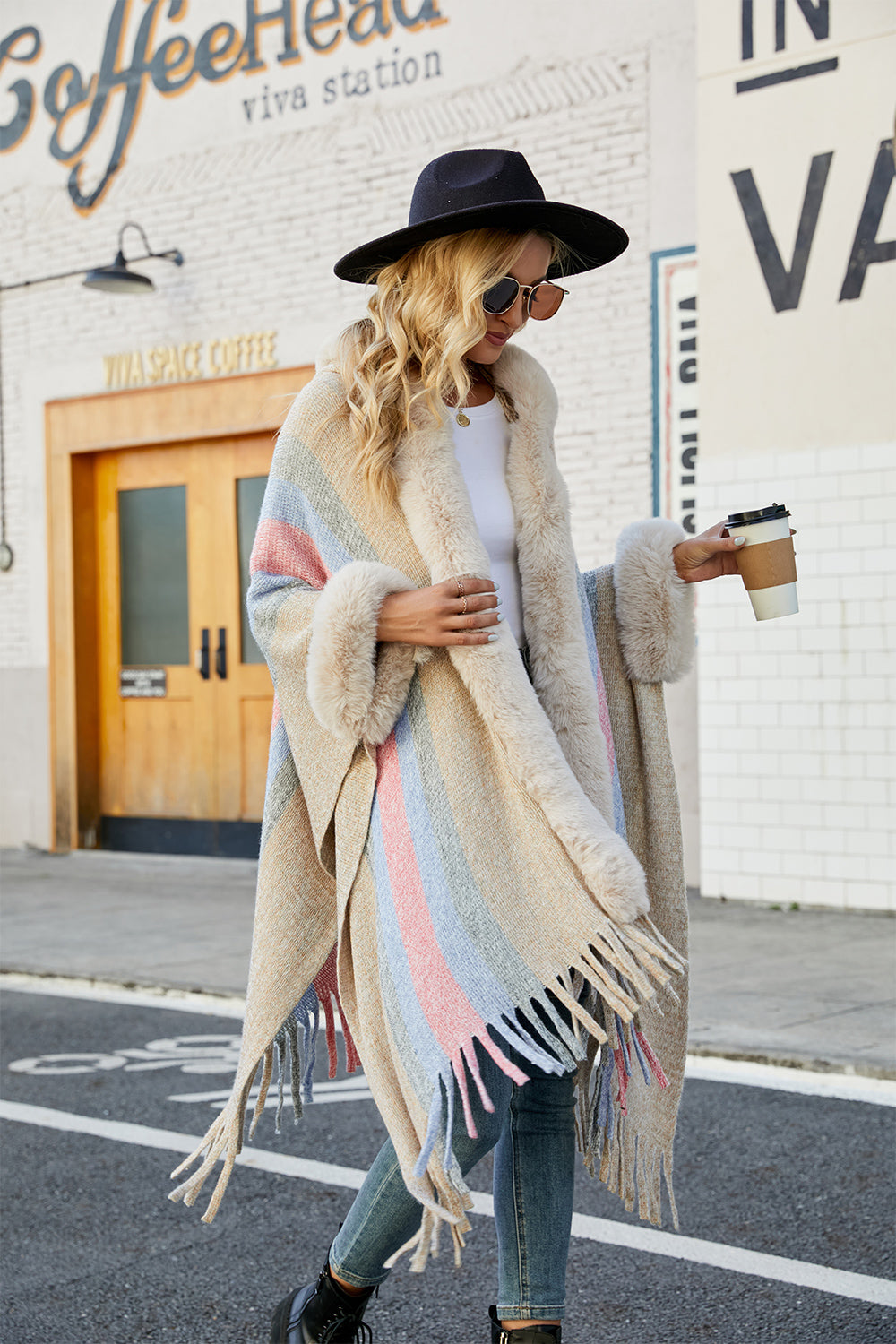 Color Block Fringe Detail Poncho - felvior