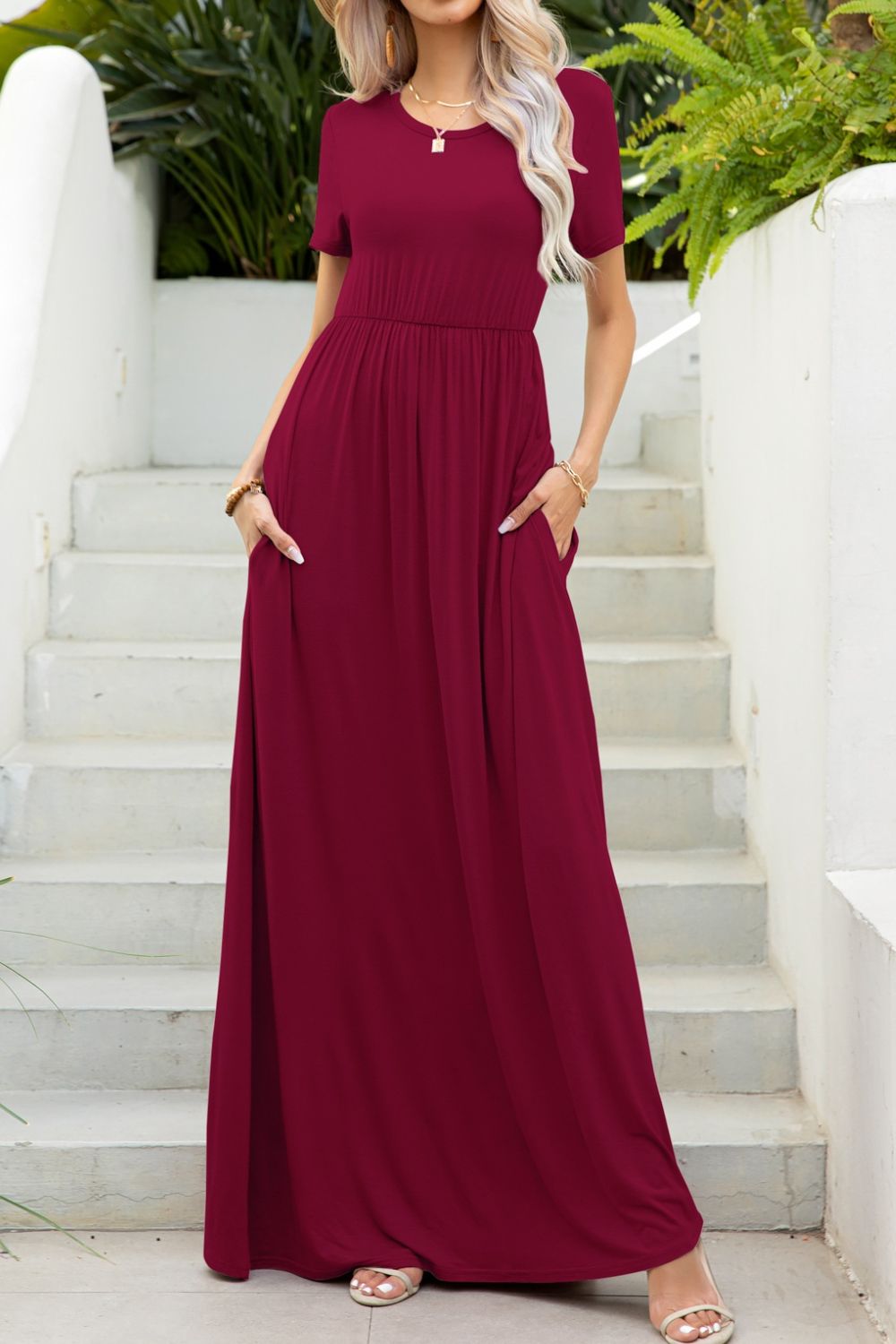 Round Neck Maxi Tee Dress with Pockets - felvior