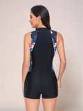 Printed Zip Front One-Piece Swimwear - felvior