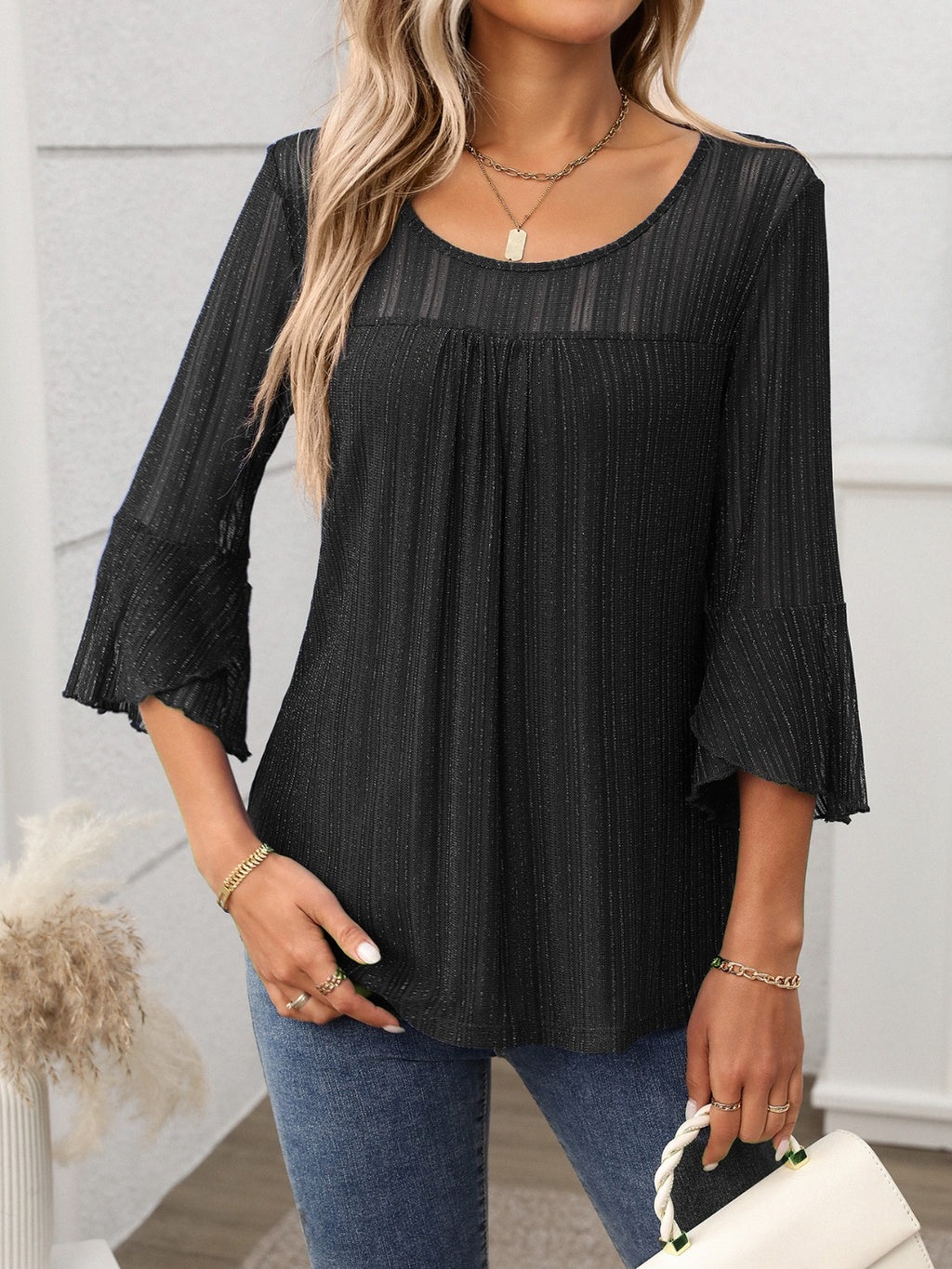 Round Neck Three-Quarter Sleeve Top