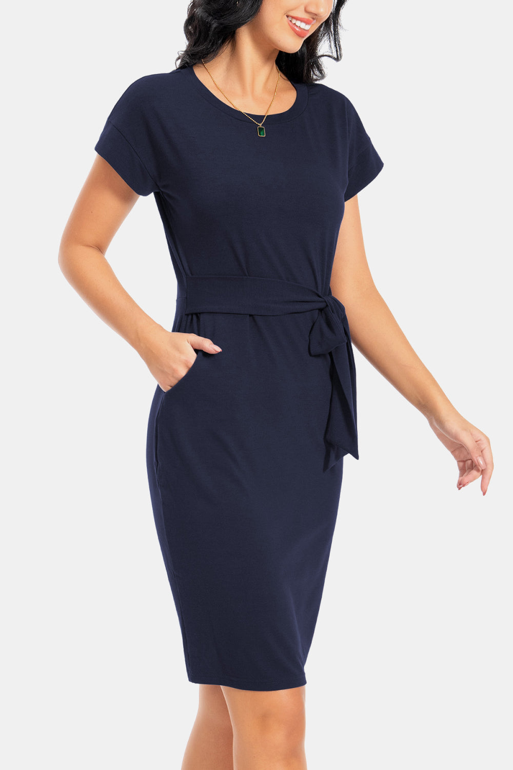 Tie Front Round Neck Short Sleeve Dress Hauptbild